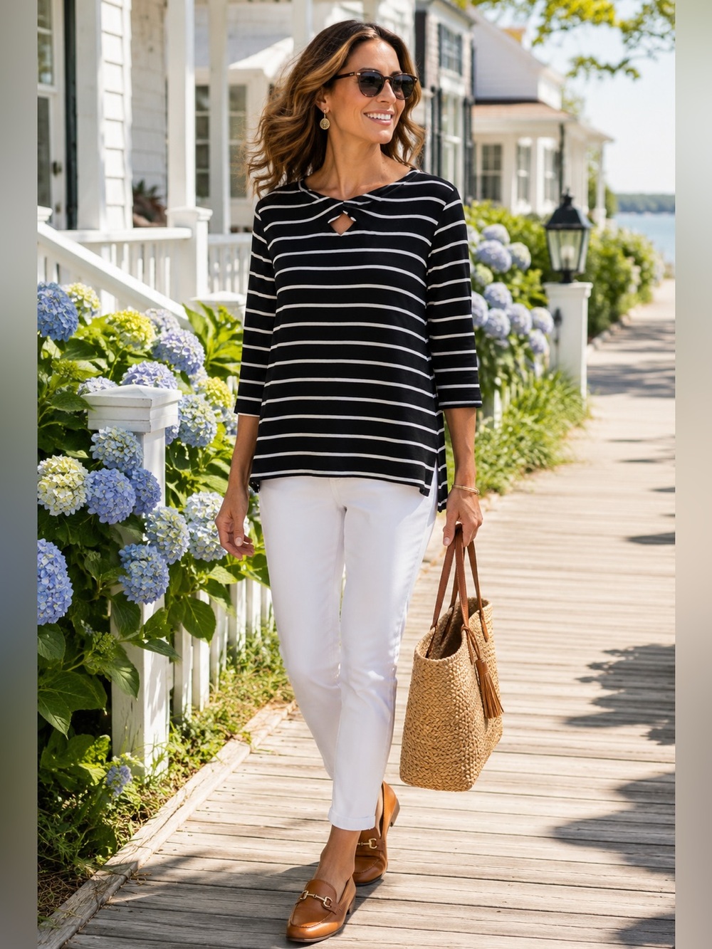 Chicos Pima Twist Neck Tee Black White Stripe 3/4 Sleeve Cotton Top Sz 3‎ XL NWT